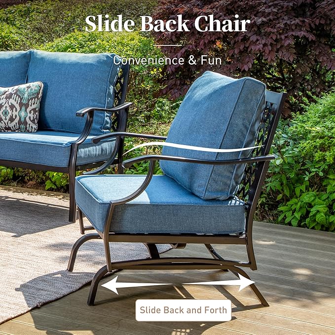 5 Piece Metal Outdoor Patio Furniture Set, Patio Conversation Sets 3-seater Sofa, 2 Rocking Chair, 2 Ottomans with 5.75" Thick Cushion, Black All-weather Frame Backyard Furniture, Navy