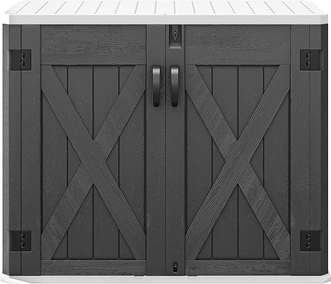 DWVO 35 Cu Ft Storage Shed with Unique X-Shaped Lockable Door, Outdoor Weatherproof Resin Shed Without Shelf for Waste Bins, Bicycles, Gardening & Lawn Equipment, Dark Gray
