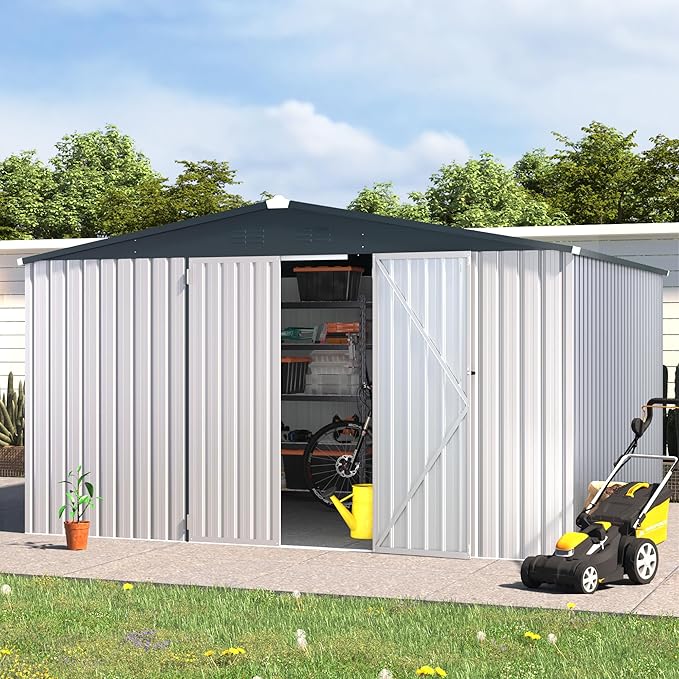 U-MAX 12x10 Storage Shed, Large Metal Outdoor Garden Sheds & Outdoor Storage Clearance, 10x12 Tool Shed Outdoor Storage Lockable for Backyard Outside Use in White