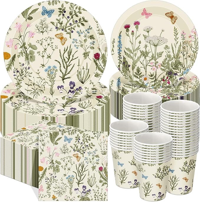 250 Pcs Wildflower Party Decorations Include Spring Summer Floral Paper Plates Napkins and Cups for Wildflower Baby Shower Tea Decorations, Serve 50 Guest(Light Green,Vintage Style)