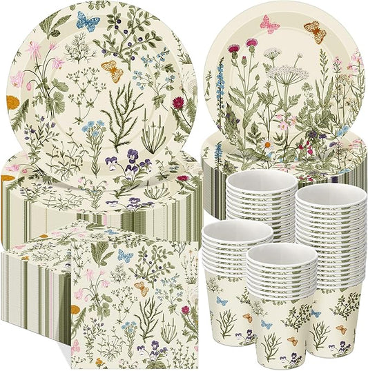 250 Pcs Wildflower Party Decorations Include Spring Summer Floral Paper Plates Napkins and Cups for Wildflower Baby Shower Tea Decorations, Serve 50 Guest(Light Green,Vintage Style)