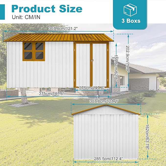 Sheds & Outdoor Storage 12 ft × 10 ft Storage Shed Large Classic Apex Roof Metal Garden Storage Sheds with Hinged Door, Window Tool Cabinet for Backyard, Patio, Poolside, White + Yellow