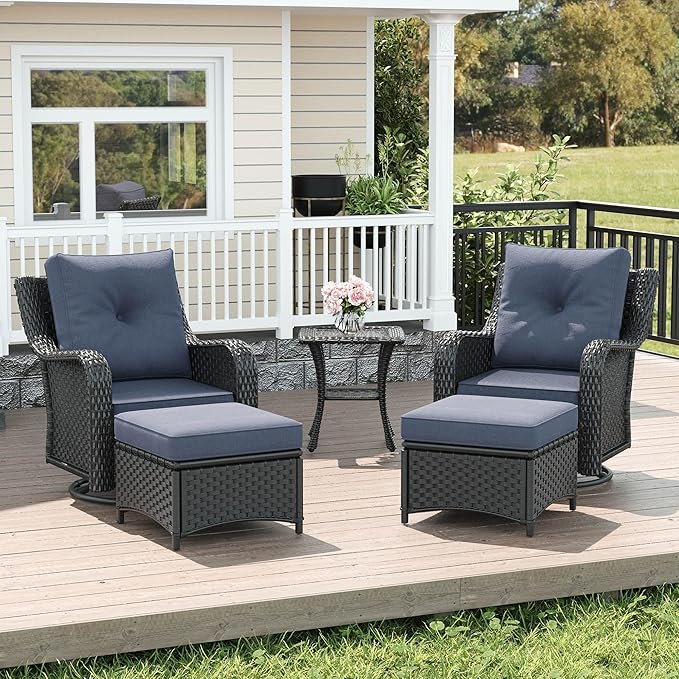 LayinSun 5 Piece Wicker Outdoor Furniture Set with 6-inch Comfy Cushions, High Back Patio Furniture Set with Swivel Rocking Chairs and Side Table