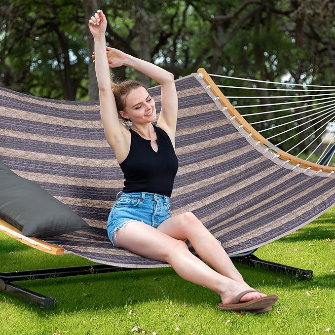 SUNCREAT Hammocks for Outside with Stand Included, Double Hammock with Curved Spreader Bar, Carrying Bag, Gray Stripes