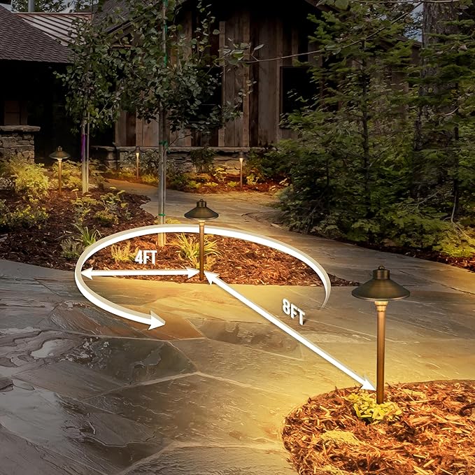 GKOLED Solid Brass Landscape Path Lights (6.7" Shade, 20" Tall), Low Voltage LED 3W 12-24V AC/DC China Hat Path Lighting, 2700K Outdoor Waterproof Walkway Light, with Stake and G4 Bulb, 12 Pack