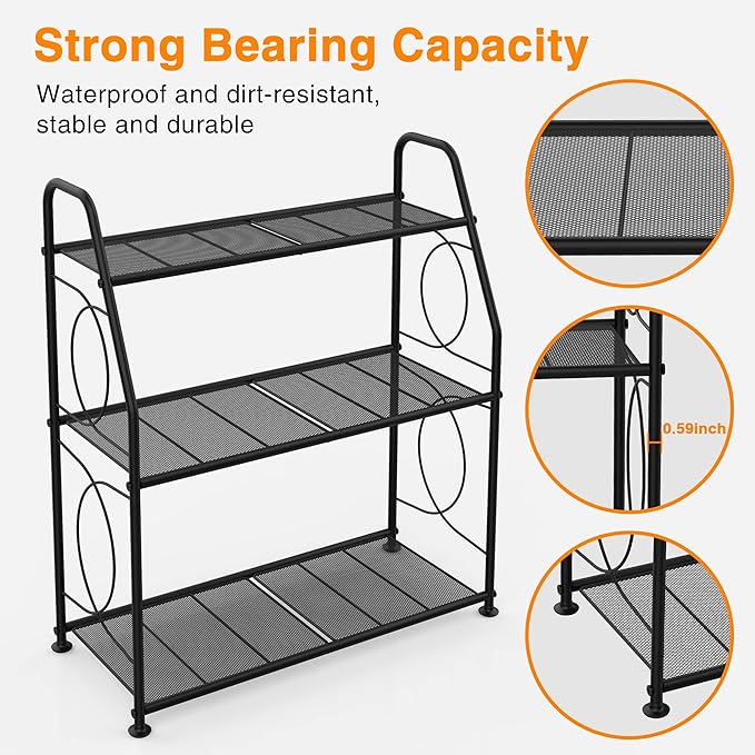 Plant Stand, 3 Tier Plant Shelf for Indoor Outdoor, Heavy Duty Metal Outdoor Plant Stand Holder Rack for Living Room Balcony and Garden, Black