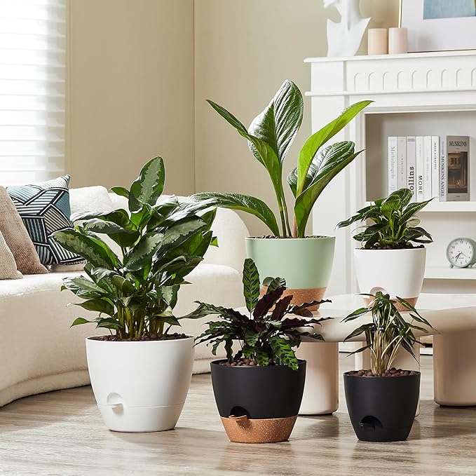 FaithLand 3-Pack Planter Pots, 10 9 8 Inch Self Watering Flower Pots for Indoor Outdoor Garden Plants, Black with Brown