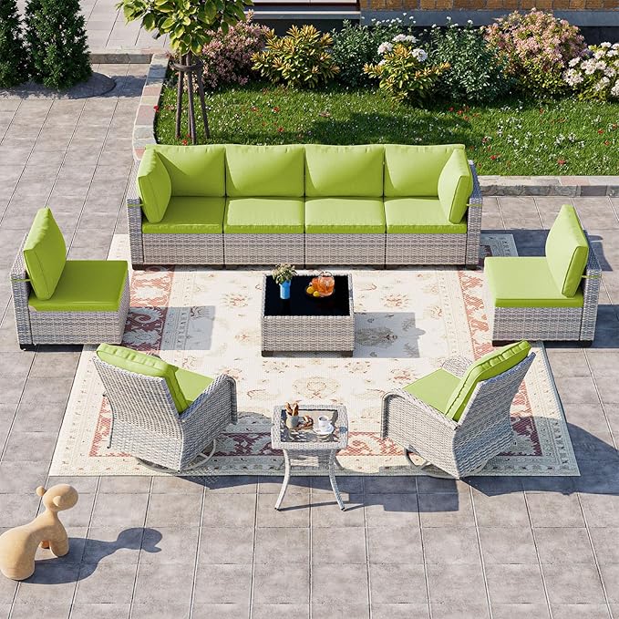 10-Piece Patio Furniture Set, Outdoor Patio Furniture with Swivel Chairs Set, Thick Cushions, Modular Patio Sofa, Dual-Strand Rattan, Rust-Resistant Frame, Grass Green