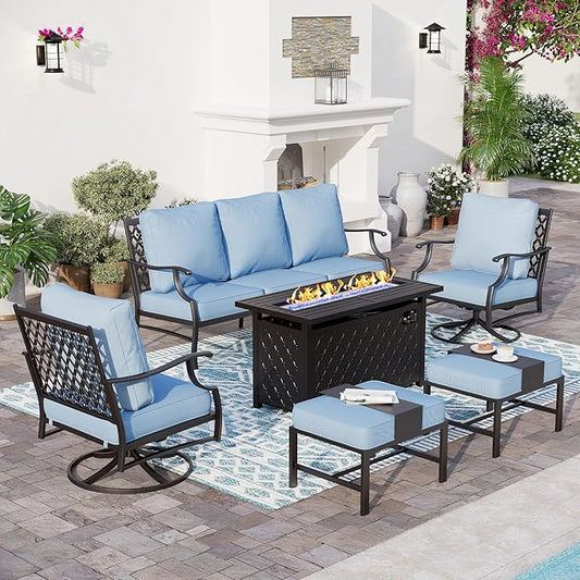 6 Piece Metal Outdoor Patio Furniture Set with Firepit Table, Patio Conversation Set 1 3-seater Sofa, 2 Swivel Chair, 2 Ottoman with 5.75" Thick Cushion, Black Backyard Furniture, Blue
