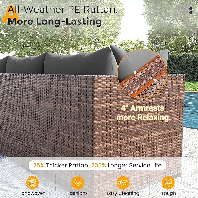 UDPATIO Outdoor Patio Furniture Set with Fire Pit Table, 8 Piece Outdoor Sectional Sofas, All-Weather Wicker Patio Conversation Set for Garden, Backyard Dark Grey