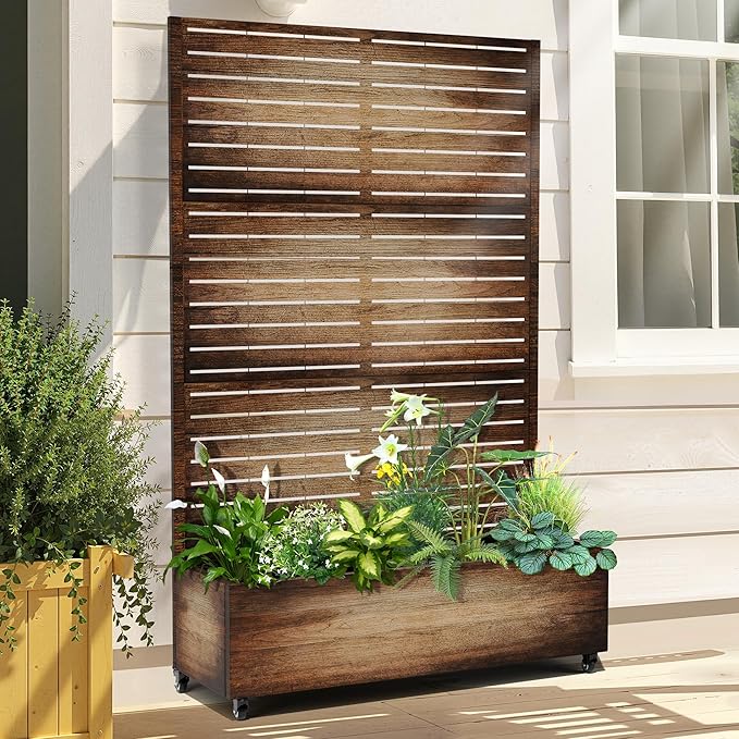 Raised Garden Bed with Trellis and Wheels,73"x47"x16" Metal Raised Garden Bed,Vintage Wood Finish Metal Planter with Climbing Trellis for Vines & Vegetables