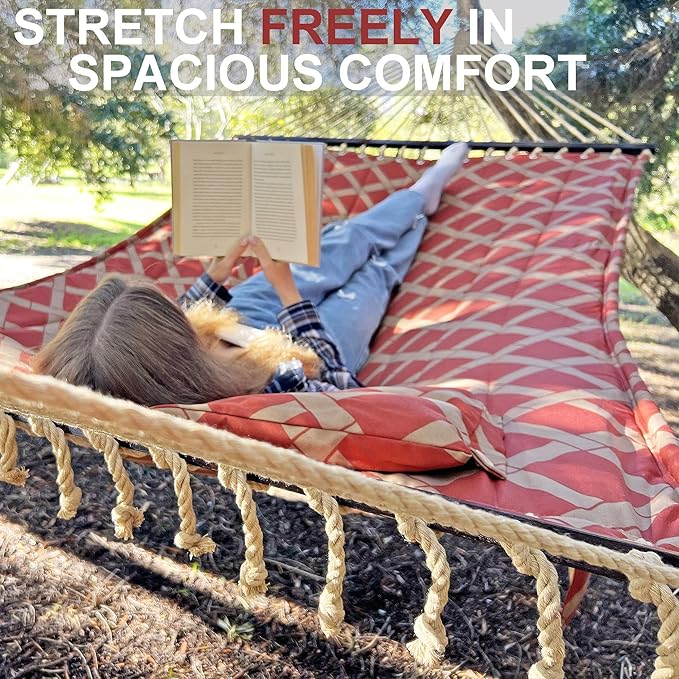 13 FT Tuscan Lattice Sienna/Taupe Quilted Hammock with Spreader Bars,Detachable Pillow and Chains,600lbs Capacity,Two Person Hammock for Outdoor, Patio, Backyard,Tree_Double Hammock