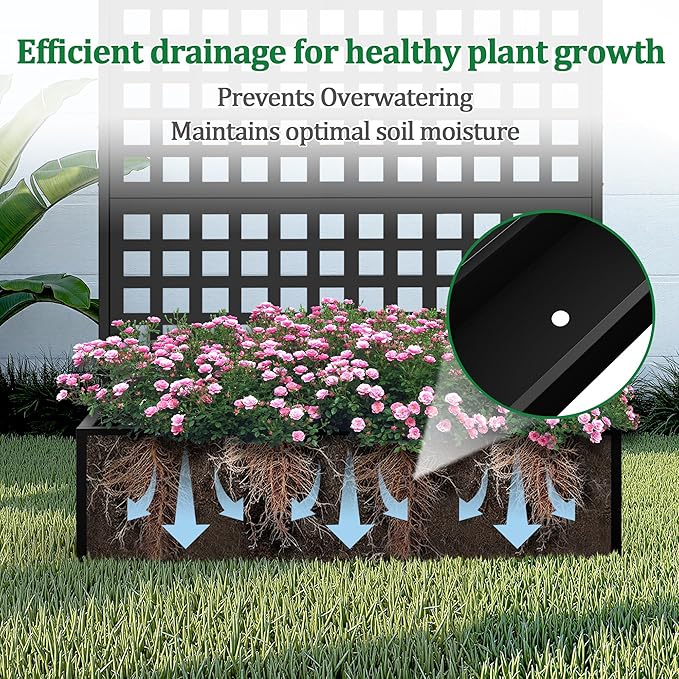 Metal Raised Garden Bed with Trellis, 2 in 1 Trellis with Planter Box & Privacy Screen for Climbing Plants, Vine, Outdoor Standing Flower Beds with Drainage Holes, 47.2"L x 16.7"W x 70.8"H, Black