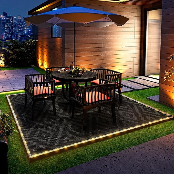 GENIMO Outdoor Rug with LED Strip Lights, 8'x10' Waterproof Camping Mat, Reversible Plastic Straw Rugs for Patio, RV, Camper, Balcony, Backyard, Picnic, Deck, Black & Gray