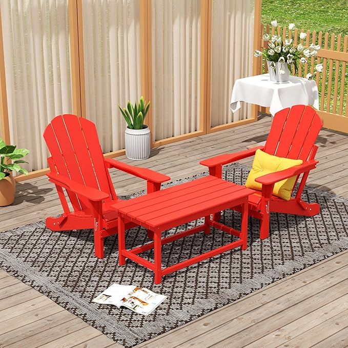 WO Home Furniture Adirondack Chairs Table Set of 3 PCS Outdoor Folding Chairs Coffee Table Weather/UV Resistant for Lawn, Garden, Bon Fire, Balcony (Red)