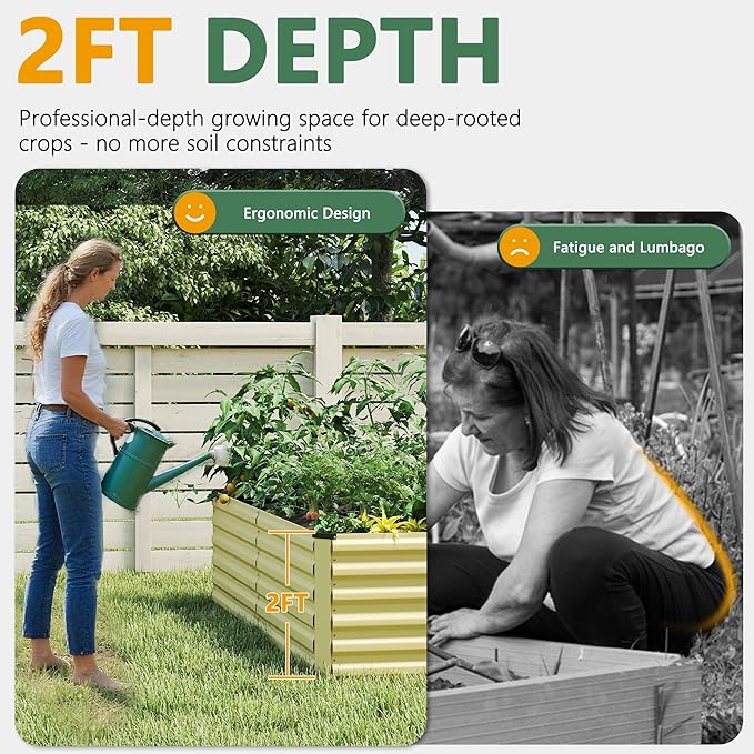 FOOWIN 4pcs 8x4x2ft Galvanized Raised Garden Bed, Planter Raised Garden Boxes Outdoor, Large Metal Raised Beds for Gardening, Garden Bed for Vegetables, Flowers, Herb,478 Gallon Capacity, Cream Yellow