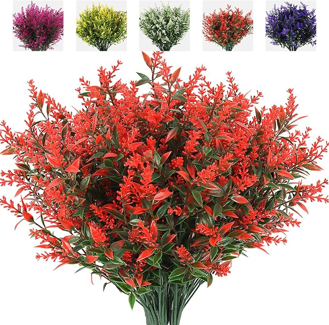RECUTMS Artificial Lavender Flowers Plants 8 Bundles UV Resistant Faux Outdoor Plastic Greenery Shrubs Plants Hanging Planter Kitchen Home Wedding Office Garden Decor (Orange Red)