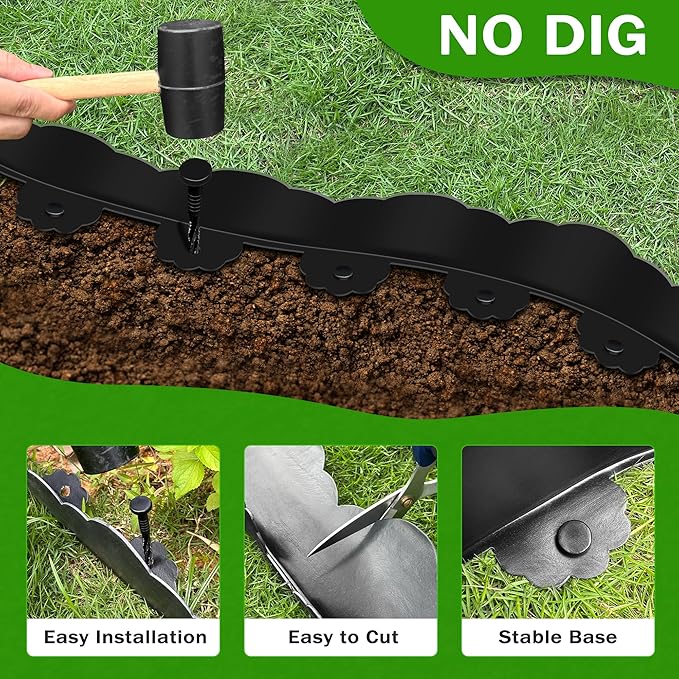 Landscape Edging Border 2.8 in Tall 33FT No Dig Garden Edging Borders with 50pcs Spikes Plastic Lawn Edging for Yard, Pathway and Flower Beds Fence, Black