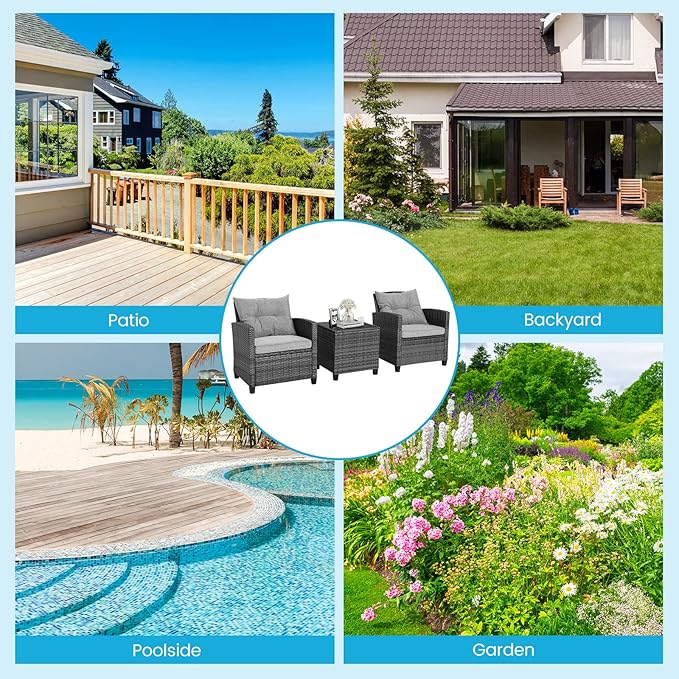 HAPPYGRILL 3 Pieces Patio Conversation Set, Outdoor Furniture Set PE Rattan Sofa Set with Removable Cushions, PE Wicker Chairs with Tempered Glass Side Table for Porch Lawn Garden Balcony Backyard