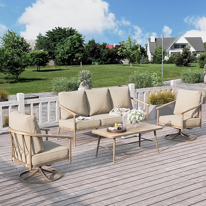 HERA'S HOUSE Patio Furniture Set, 2 x Cushioned Swivel Chair, 3-Seat Sofa with Wood Grain Coffee Table, 5 Seats Windsor Style All Weahter Outdoor Sofa Conversation Set for Deck Lawn Backyard