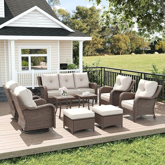 LayinSun 9 Piece Wicker Outdoor Furniture Set with 6-inch Comfy Cushions, High Back Patio Furniture Set with Swivel Rocking Chairs and Side Table