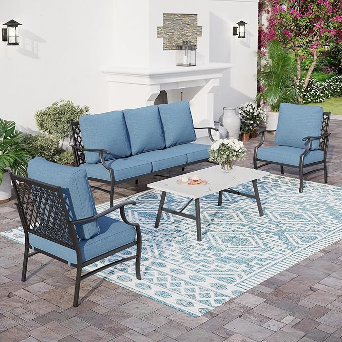 4 Piece Metal Outdoor Patio Furniture Sets, Patio Conversation Sets 1 3-seater Sofa, 2 Fixed Chair with 5.75" Extra Thick Cushion and Coffee Table, Black Frame Backyard Furniture, Navy