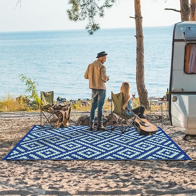 GENIMO Outdoor Rug for Patio Clearance, 6'x9' Waterproof Camping Mat, Reversible Plastic Straw Rugs for RV, Camper, Balcony, Backyard, Picnic, Deck (Royal Blue & Blue Green)