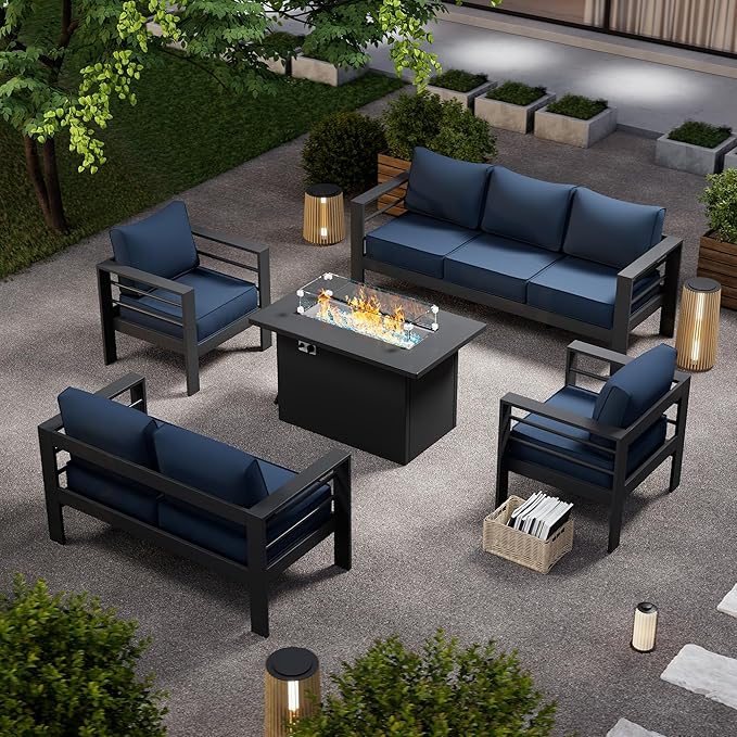 Patio Furniture Set with Fire Pit Table, Aluminum Patio Furniture Set,Grey and Blue Outdoor Metal Sectional Sofa with Aluminum Fire Pit Table for Garden Backyard (Include Waterproof Cover)