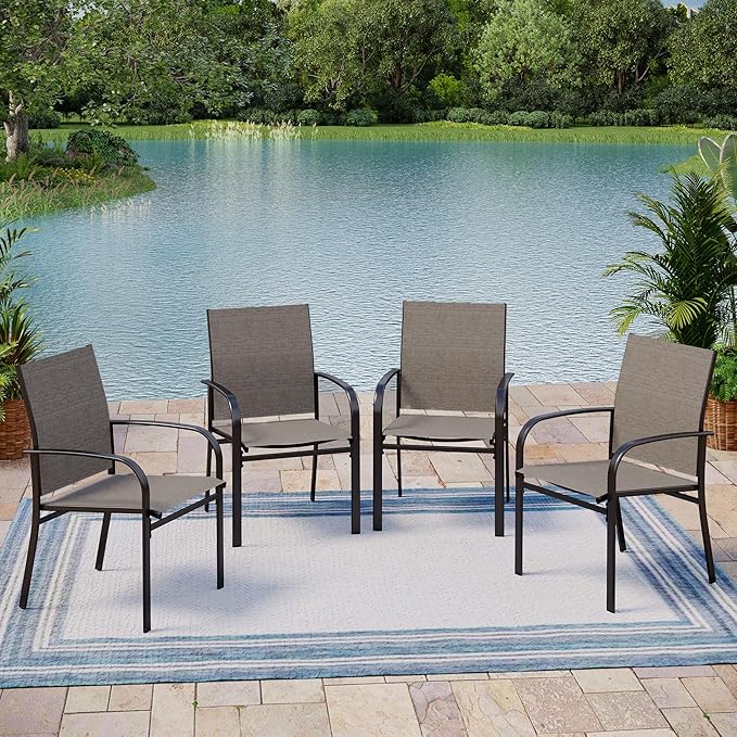4 Pieces Outdoor Textilene Dining Chairs,Patio Dining Chairs Set, Fixed Patio Chairs with Armres, Brown