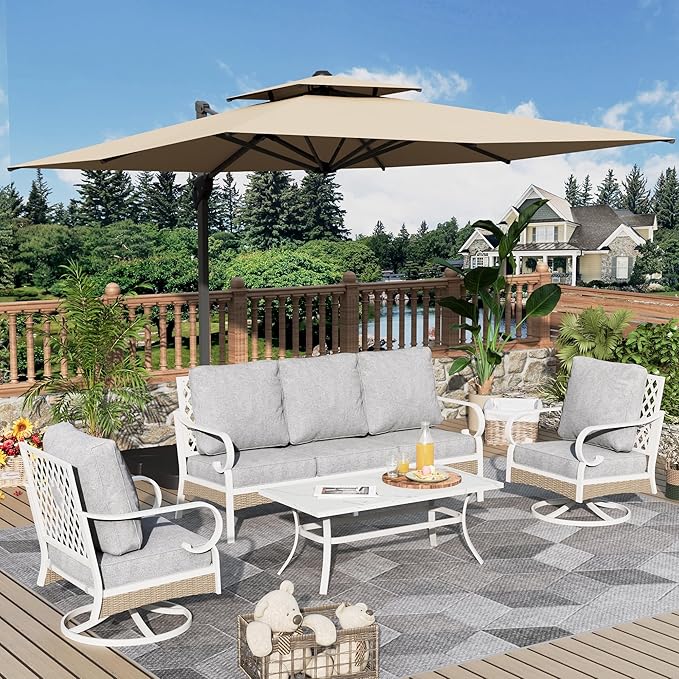 4 Piece Patio Furniture Set, 2 x Swivel Chair, 1 x 3-Seat Sofa with Marbling Coffee Table, 5 Seats Outdoor Conversation Set for Lawn Garden Backyard, Light Gray