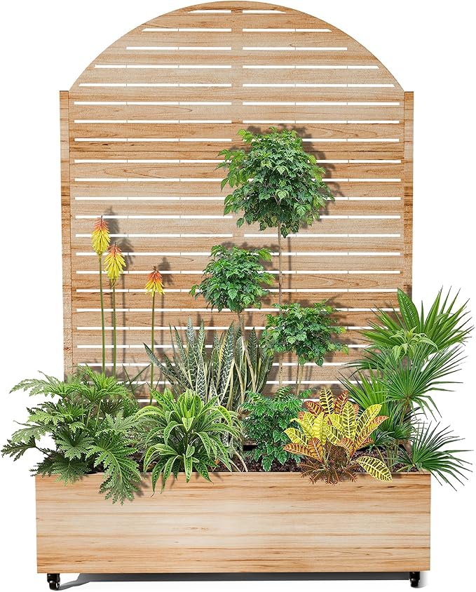 15.7"×70.9"×47.2" Metal Raised Garden Bed with Trellis and Wheels - Tall Trellis Planter Box for Climbing Plants, Vegetables & Vines - Outdoor Privacy Planters for Patio (Acacia Wood Grain-Louvered)