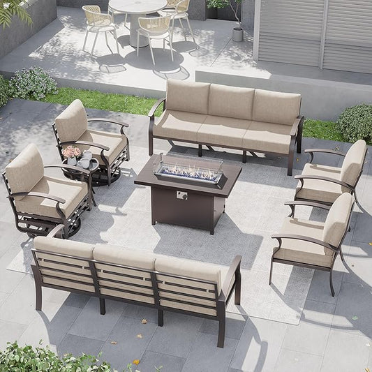 Kurapika Aluminum Patio Furniture Set 10-Seat Modern Metal Outdoor Conversation Sets w/45in Propane Fire Pit Table, Swivel Rocking Chairs Patio Sectional Sofa w/5.1 Inch Cushion, Sand