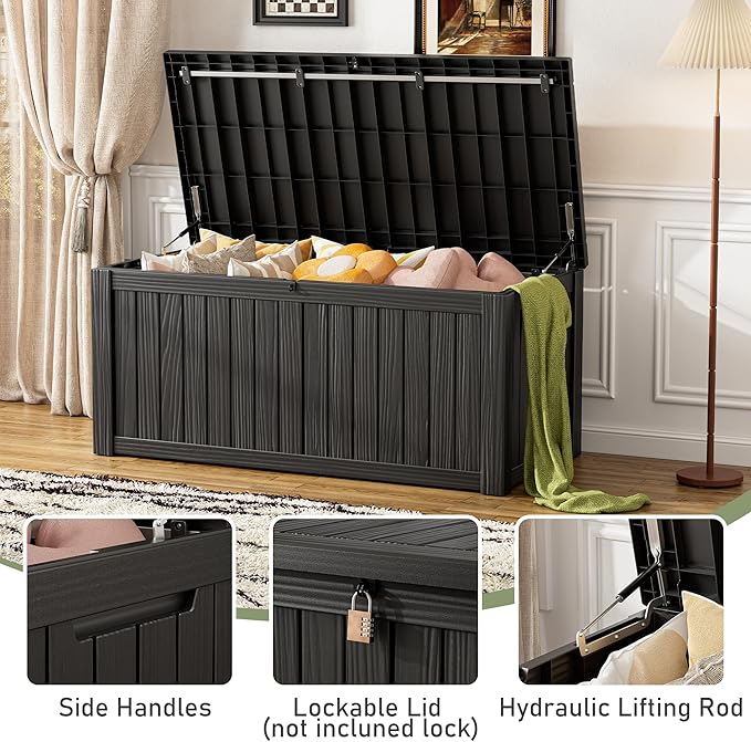 NUNU LAB 120 Gallon Outdoor Storage Box, Large Resin Deck Box with Lockable Lid, Waterproof Patio Storage Bench, Outdoor Cabinet for Garden Tools, Cushions & Pool Accessories