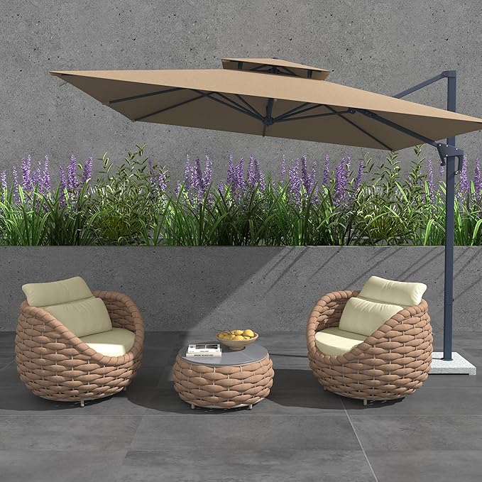 TWT Aluminum Outdoor Patio Furniture Set, 4 Textilene Armchairs Modern Outdoor Conversation Set Outdoor Single Sofa with Upgrade Cushion and Coffee Table for Balcony, Light Brown