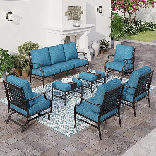 7 Piece Metal Outdoor Patio Furniture Sets, Patio Conversation Sets 3-seater Sofa, 2 Fixed Chair, 2 Rocking Chair, 2 Ottomans with 5.75" Thick Cushion, Black Backyard Furniture, Blue-2
