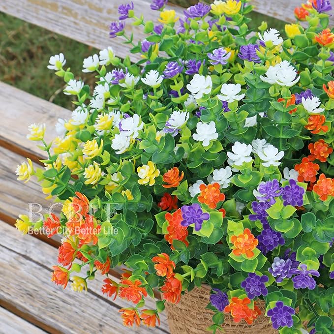 Artificial Flowers for Outdoors, 12 Bundles UV Resistant Realistic Faux Plants for Outside Porch Planter, Spring Summer Home Garden Decoration
