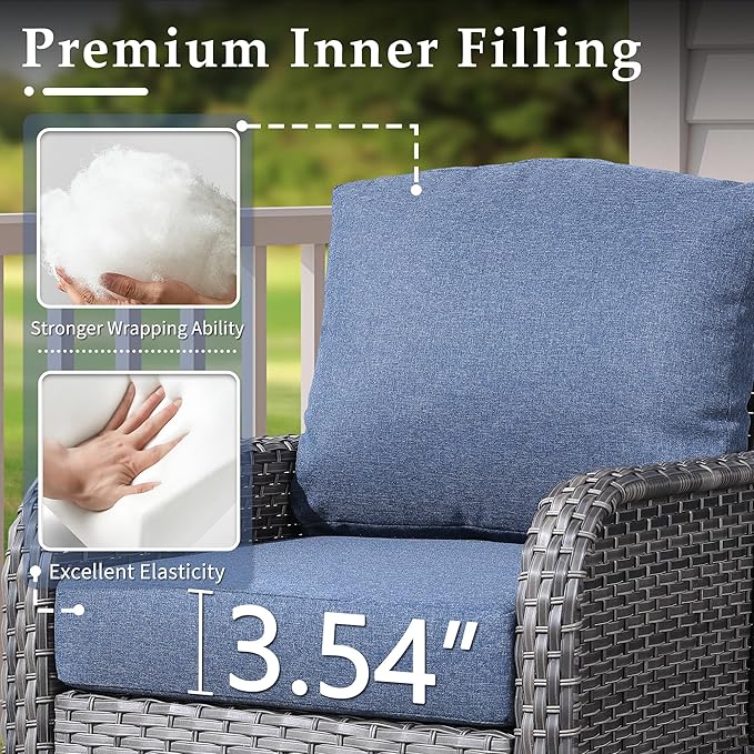 6-Piece Wicker Patio Furniture Set, All-Weather Rattan Conversation Bistro Loveseat Chair and Table Set for Backyard, Balcony and Deck with Soft Cushions and Metal Table(Blue)