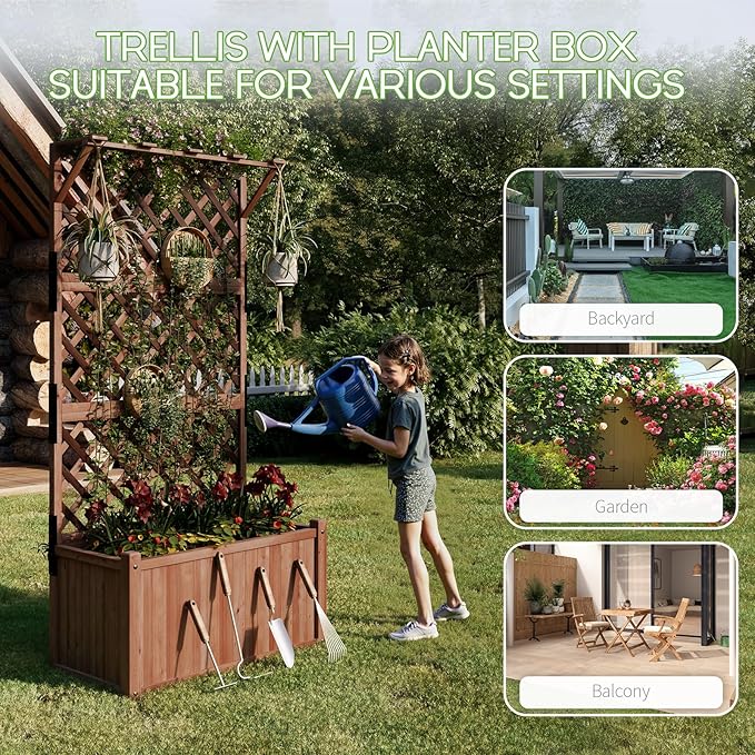 SPECRAFT Wood Planter with Trellis, 35.4x17.7x72 Inch Raised Garden Bed, 1.6Ft Deep Large Planter Box for Outdoor Gardening, Vegetables, and Climbing Plants