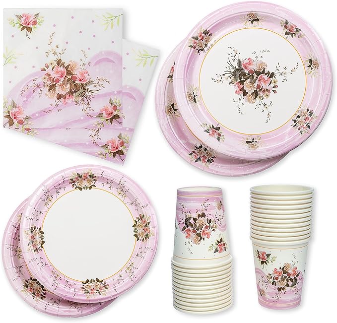 ROYAL BLUEBONNET Paper Plates and Napkins Set, Floral Design, 24 Pieces, Pink, Spring, Disposable Party Supplies