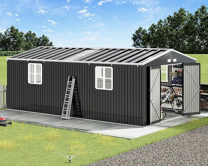 AMERLIFE 12x20x7.2 FT Metal Storage Shed with 2 Transparent Panels, Outdoor Tool Shed with Hinged Double Doors, Windows & Vents, Reinforced Steel Frame for Backyard Garden, DIY Workshop, Dark Gray