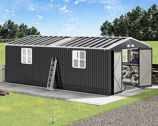 AMERLIFE 12x20x7.2 FT Metal Storage Shed with 2 Transparent Panels, Outdoor Tool Shed with Hinged Double Doors, Windows & Vents, Reinforced Steel Frame for Backyard Garden, DIY Workshop, Dark Gray