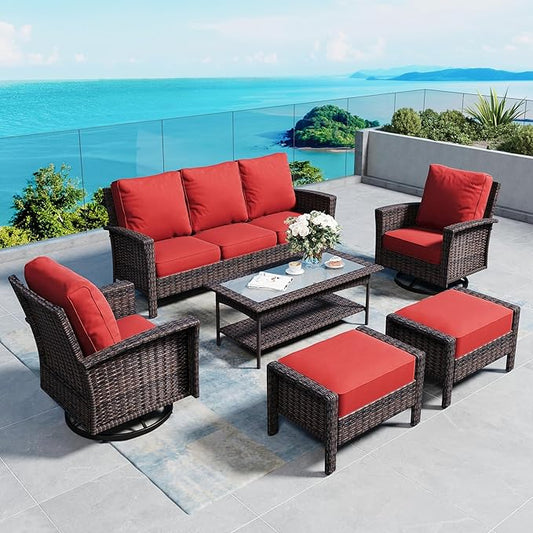 6 Piece Patio Furniture Set with Swivel Chairs, High Back Wicker Rattan Sofa with Extra Thick Cushion, Coffee Table and Ottoman, Outdoor Conversation Set for Backyard Deck,Red