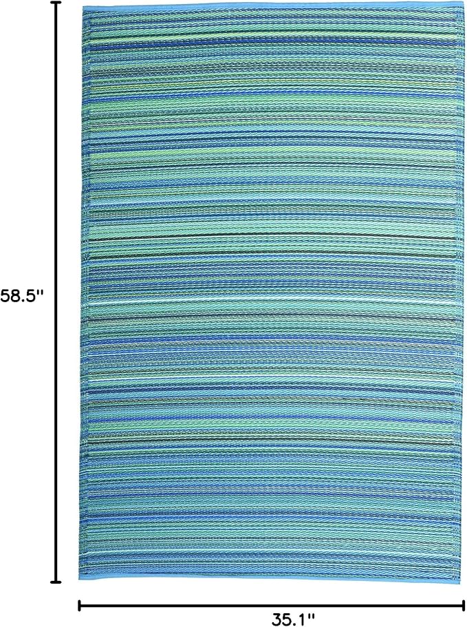 Fab Habitat Outdoor Rug - Waterproof, Fade Resistant, Crease-Free - Premium Recycled Plastic - Striped - Porch, Deck, Balcony, Laundry Room, Patio - Cancun - Turquoise & Moss Green - 3 x 5 ft