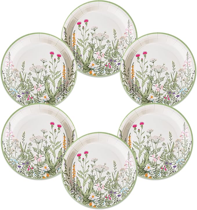 Wildflower Party Plates 7" Floral Paper Plates Spring Summer Botanical Green Leaves Herbs Vintage Garden Disposable Decorative Dessert Plates (24, Vintage Floral)