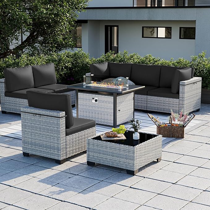 8-Piece Modern Patio Conversation Set with 55,000 BTU Fire Pit Table, Thick Cushions, Upgraded Rattan, Reinforced Frame