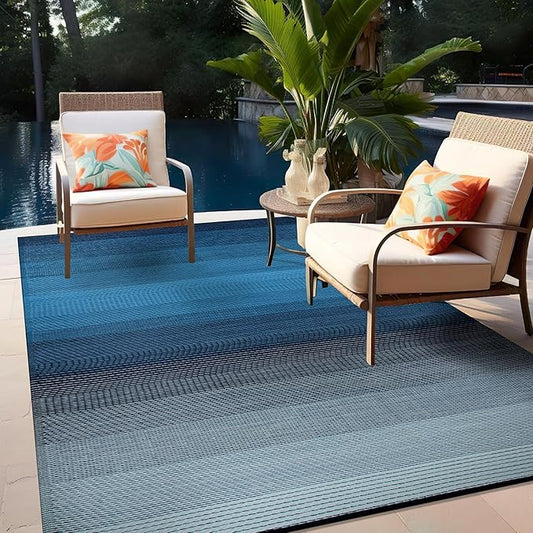 Rugshop Stripe Shade Reversible Crease-Free Waterproof Premium Recycled Plastic Outdoor Rugs for Patio,Backyard,RV,Deck,Picnic,Trailer,Beach,Camping,Sunroom Sky/Blue 5' x 7'