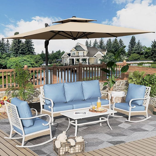 4 Piece Patio Furniture Set, 2 x Rocking Chair, 1 x 3-Seat Sofa with Marbling Coffee Table, All Cushioned 5 Seats Outdoor Conversation Set for Lawn Garden Backyard, Blue