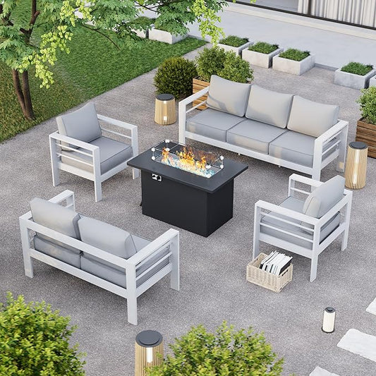 Patio Furniture Set with Fire Pit Table, Aluminum Patio Furniture Set,White Outdoor Metal Sectional Sofa with Aluminum Fire Pit Table for Garden Backyard (Include Waterproof Cover)