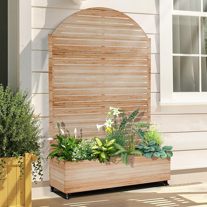 Raised Garden Bed with Arched Trellis and Wheels,73"x47"x16" Metal Raised Garden Bed,Acacia Finish Metal Planter with Climbing Trellis for Vines & Vegetables
