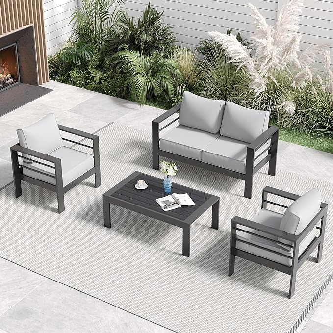 Aluminum Patio Set, 5 Piece Metal Outdoor Furniture With Waterproof Covers for Backyard Garden